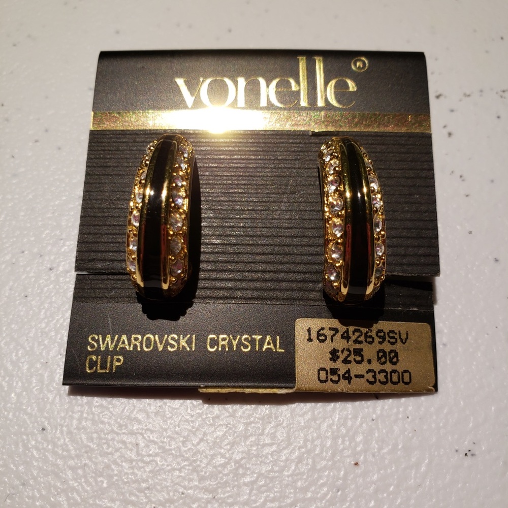 Vonelle semi hoop clip on earrings with Swarovski crystals and black enamel